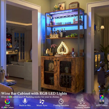 67 Tall Wine Bar Cabinet Liquor Cabinet with LED Lights  Glass Holder  Power Outlets,5-Tiers Corner Utensils Display Cabinet