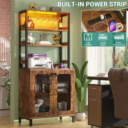 67 Tall Wine Bar Cabinet Liquor Cabinet with LED Lights  Glass Holder  Power Outlets,5-Tiers Corner Utensils Display Cabinet