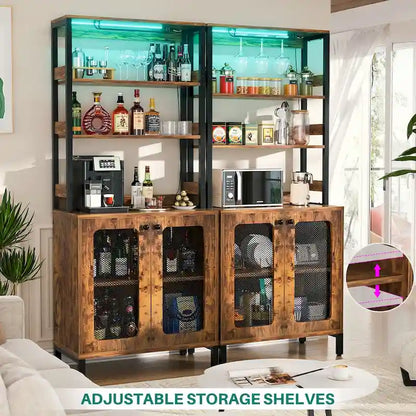 67 Tall Wine Bar Cabinet Liquor Cabinet with LED Lights  Glass Holder  Power Outlets,5-Tiers Corner Utensils Display Cabinet