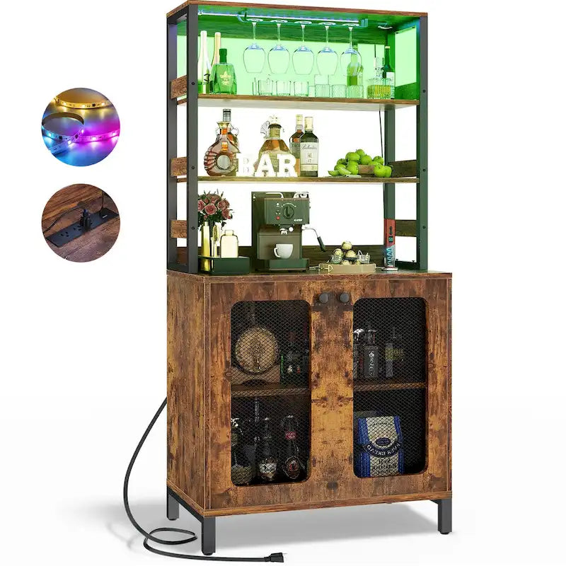 67 Tall Wine Bar Cabinet Liquor Cabinet with LED Lights  Glass Holder  Power Outlets,5-Tiers Corner Utensils Display Cabinet