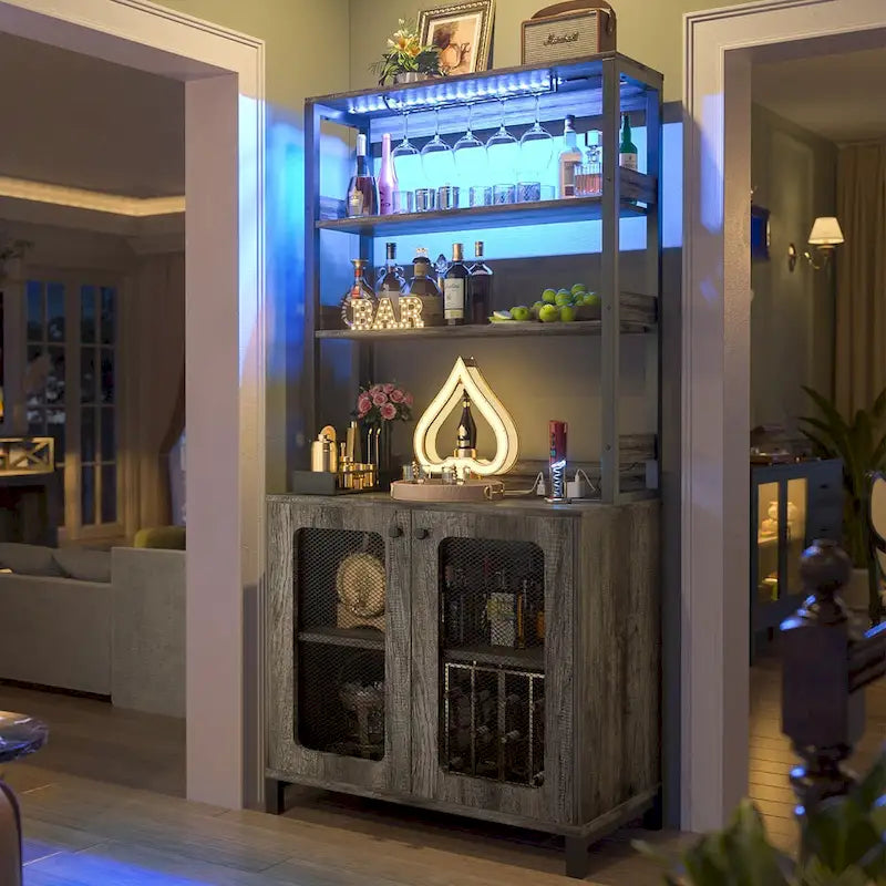 67 Tall Wine Bar Cabinet Liquor Cabinet with LED Lights  Glass Holder  Power Outlets,5-Tiers Corner Utensils Display Cabinet