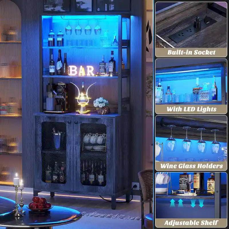 67 Tall Wine Bar Cabinet Liquor Cabinet with LED Lights  Glass Holder  Power Outlets,5-Tiers Corner Utensils Display Cabinet