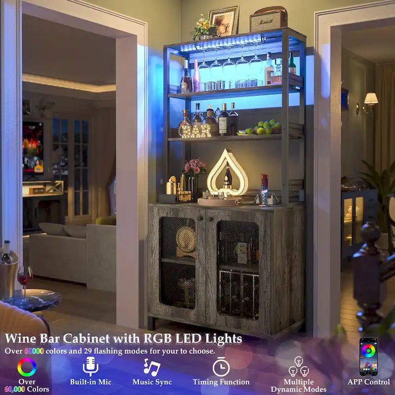 67 Tall Wine Bar Cabinet Liquor Cabinet with LED Lights  Glass Holder  Power Outlets,5-Tiers Corner Utensils Display Cabinet