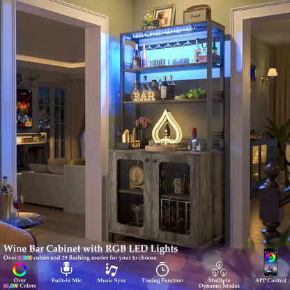 67 Tall Wine Bar Cabinet Liquor Cabinet with LED Lights  Glass Holder  Power Outlets,5-Tiers Corner Utensils Display Cabinet