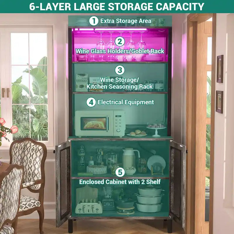 67 Tall Wine Bar Cabinet Liquor Cabinet with LED Lights  Glass Holder  Power Outlets,5-Tiers Corner Utensils Display Cabinet