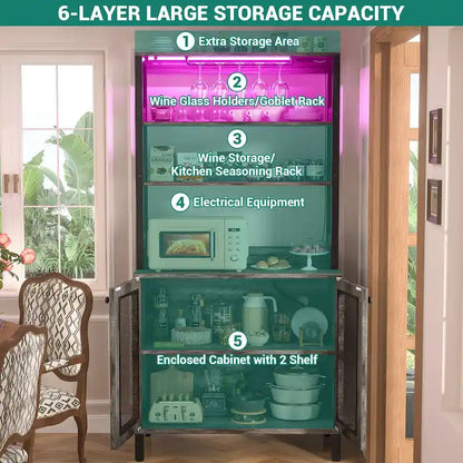 67 Tall Wine Bar Cabinet Liquor Cabinet with LED Lights  Glass Holder  Power Outlets,5-Tiers Corner Utensils Display Cabinet