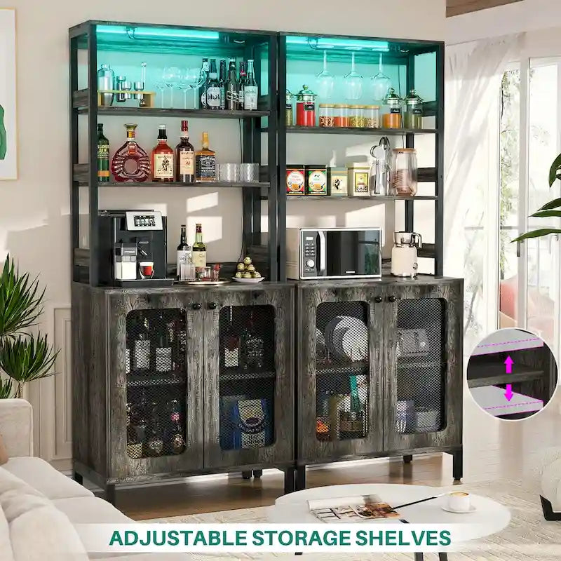 67 Tall Wine Bar Cabinet Liquor Cabinet with LED Lights  Glass Holder  Power Outlets,5-Tiers Corner Utensils Display Cabinet