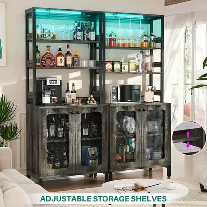 67 Tall Wine Bar Cabinet Liquor Cabinet with LED Lights  Glass Holder  Power Outlets,5-Tiers Corner Utensils Display Cabinet