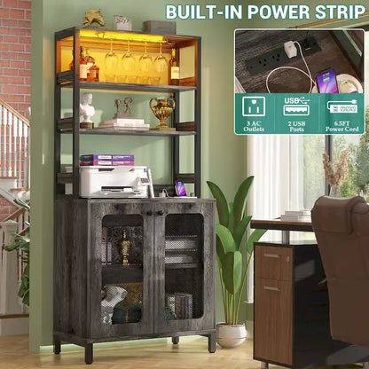 67 Tall Wine Bar Cabinet Liquor Cabinet with LED Lights  Glass Holder  Power Outlets,5-Tiers Corner Utensils Display Cabinet