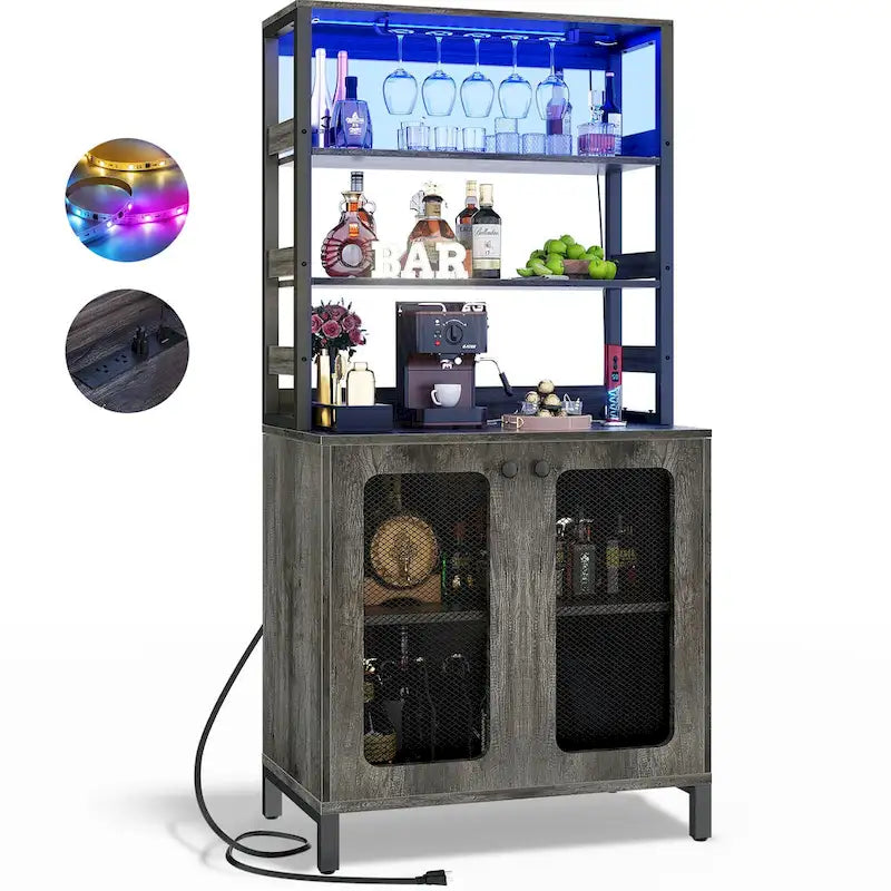 67 Tall Wine Bar Cabinet Liquor Cabinet with LED Lights  Glass Holder  Power Outlets,5-Tiers Corner Utensils Display Cabinet