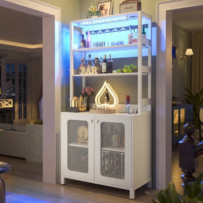 67 Tall Wine Bar Cabinet Liquor Cabinet with LED Lights  Glass Holder  Power Outlets,5-Tiers Corner Utensils Display Cabinet