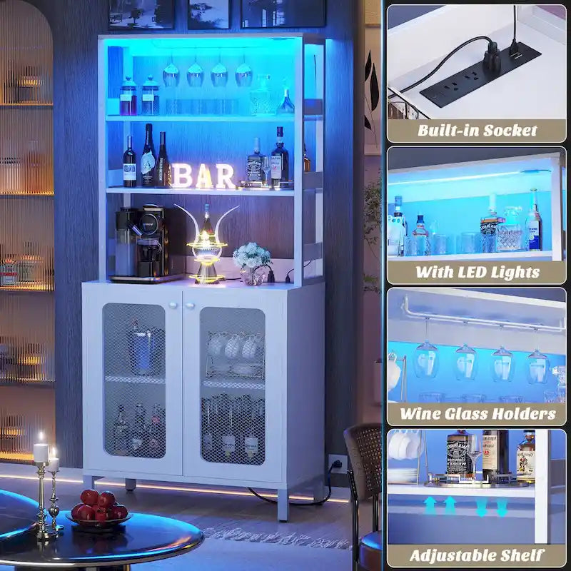 67 Tall Wine Bar Cabinet Liquor Cabinet with LED Lights  Glass Holder  Power Outlets,5-Tiers Corner Utensils Display Cabinet