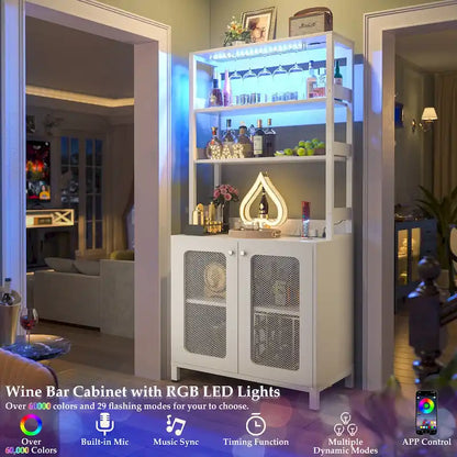 67 Tall Wine Bar Cabinet Liquor Cabinet with LED Lights  Glass Holder  Power Outlets,5-Tiers Corner Utensils Display Cabinet