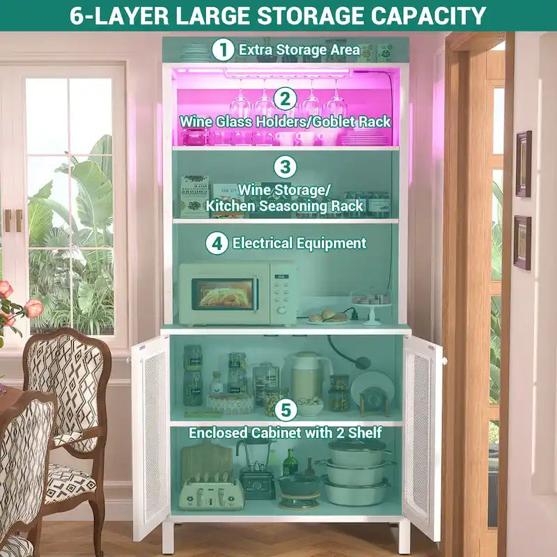 67 Tall Wine Bar Cabinet Liquor Cabinet with LED Lights  Glass Holder  Power Outlets,5-Tiers Corner Utensils Display Cabinet