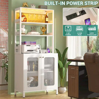 67 Tall Wine Bar Cabinet Liquor Cabinet with LED Lights  Glass Holder  Power Outlets,5-Tiers Corner Utensils Display Cabinet