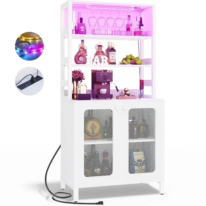 67 Tall Wine Bar Cabinet Liquor Cabinet with LED Lights  Glass Holder  Power Outlets,5-Tiers Corner Utensils Display Cabinet