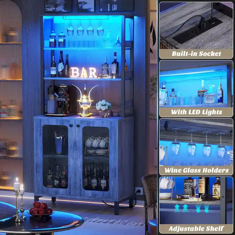 67 Tall Wine Bar Cabinet Liquor Cabinet with LED Lights  Glass Holder  Power Outlets,5-Tiers Corner Utensils Display Cabinet