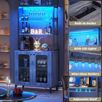 67 Tall Wine Bar Cabinet Liquor Cabinet with LED Lights  Glass Holder  Power Outlets,5-Tiers Corner Utensils Display Cabinet