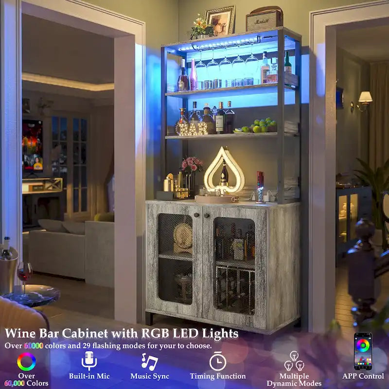 67 Tall Wine Bar Cabinet Liquor Cabinet with LED Lights  Glass Holder  Power Outlets,5-Tiers Corner Utensils Display Cabinet
