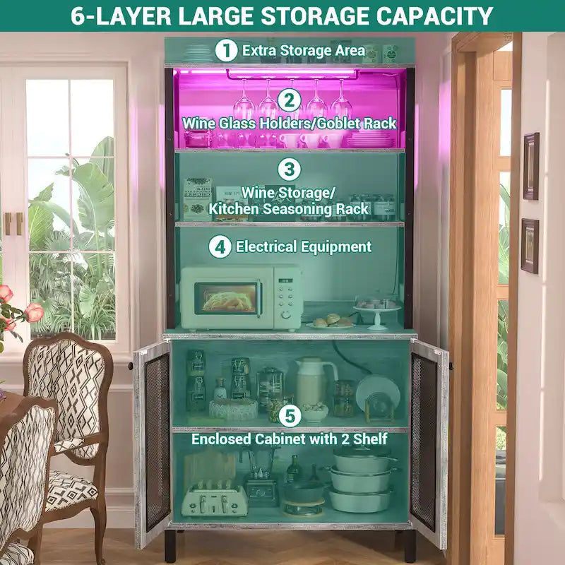 67 Tall Wine Bar Cabinet Liquor Cabinet with LED Lights  Glass Holder  Power Outlets,5-Tiers Corner Utensils Display Cabinet