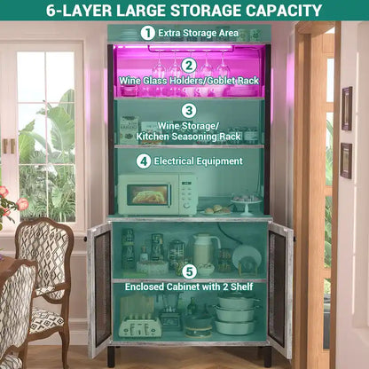 67 Tall Wine Bar Cabinet Liquor Cabinet with LED Lights  Glass Holder  Power Outlets,5-Tiers Corner Utensils Display Cabinet
