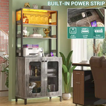 67 Tall Wine Bar Cabinet Liquor Cabinet with LED Lights  Glass Holder  Power Outlets,5-Tiers Corner Utensils Display Cabinet