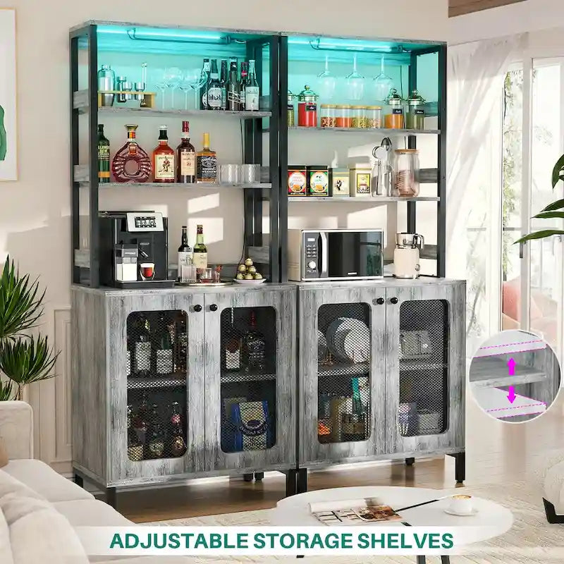 67 Tall Wine Bar Cabinet Liquor Cabinet with LED Lights  Glass Holder  Power Outlets,5-Tiers Corner Utensils Display Cabinet