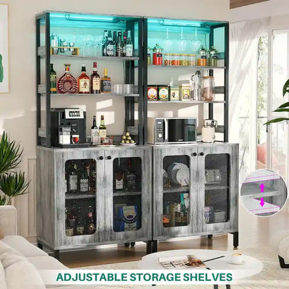 67 Tall Wine Bar Cabinet Liquor Cabinet with LED Lights  Glass Holder  Power Outlets,5-Tiers Corner Utensils Display Cabinet