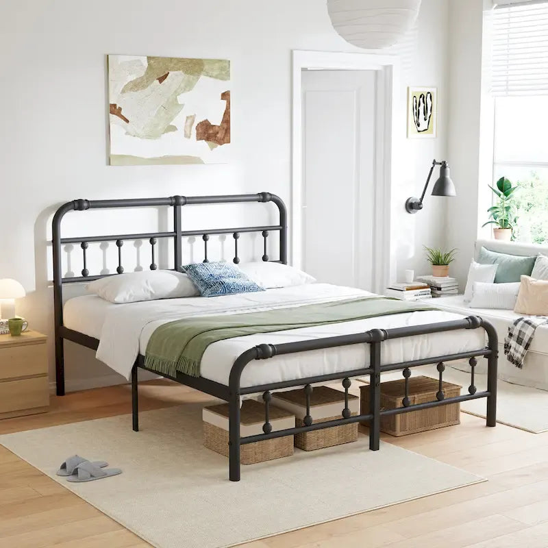14 Inch Meatl Platform Bed With Headboard And Tailboard For Storage