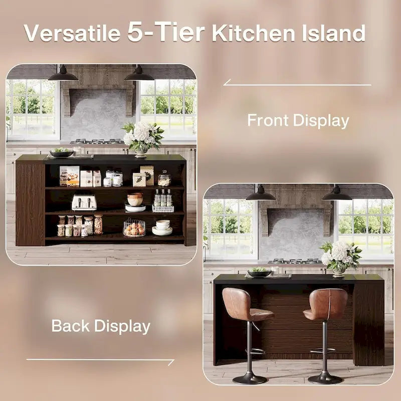 55 Wood Kitchen Island with Storage, 5-Tier Stationary Island Table with 5 Shelves
