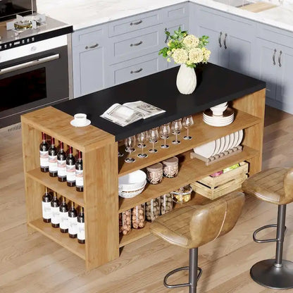 55 Wood Kitchen Island with Storage, 5-Tier Stationary Island Table with 5 Shelves