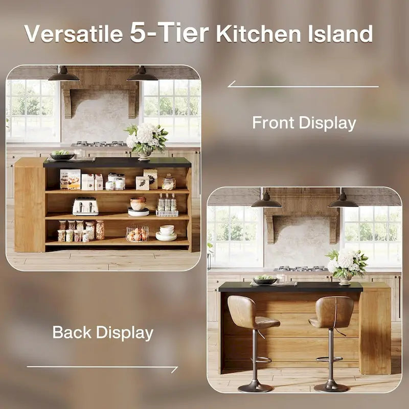 55 Wood Kitchen Island with Storage, 5-Tier Stationary Island Table with 5 Shelves