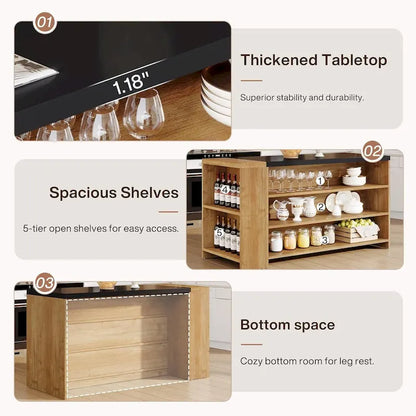 55 Wood Kitchen Island with Storage, 5-Tier Stationary Island Table with 5 Shelves
